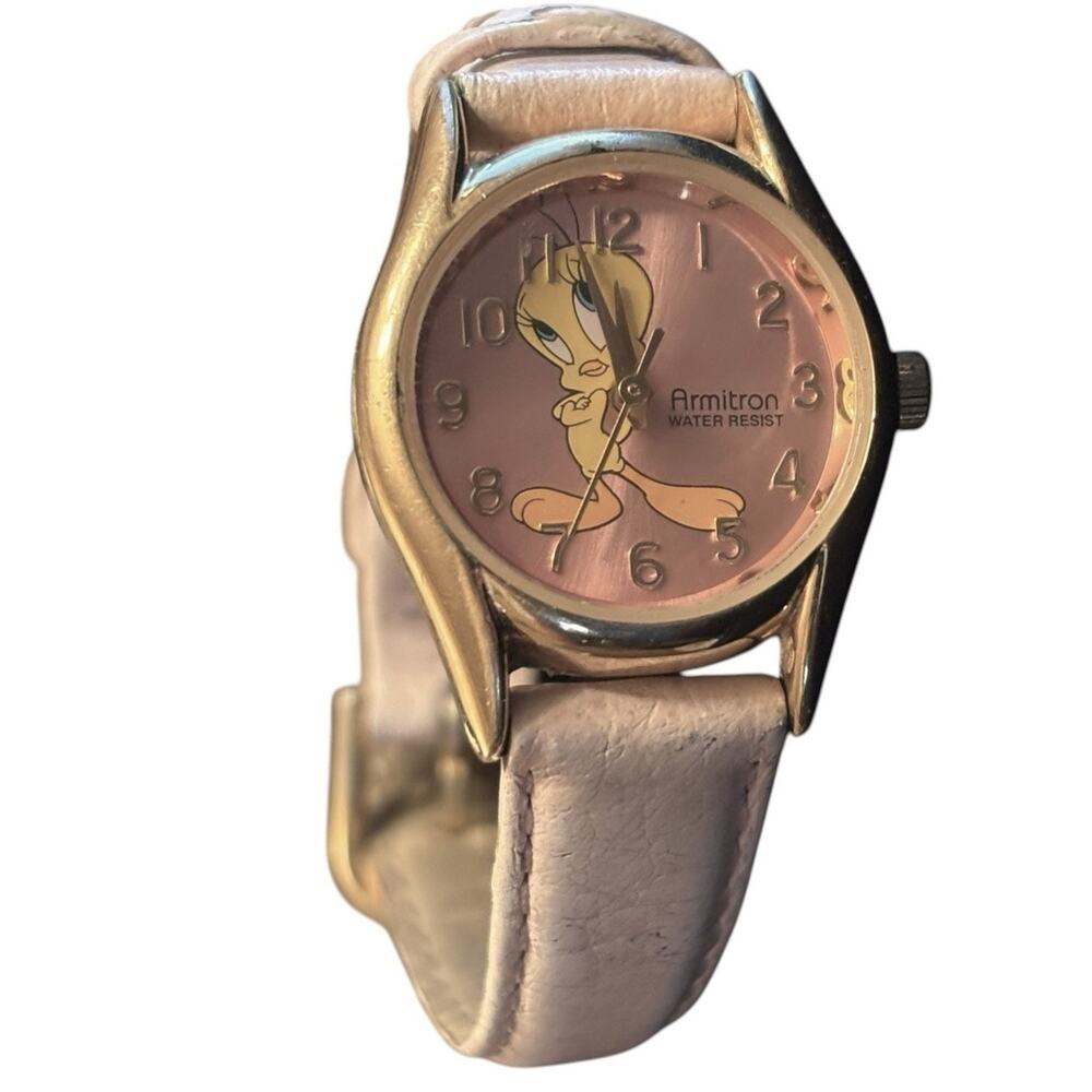 Vintage Armitron Tweety Bird Quartz Watch Women's Gold Tone Analog Leather Band